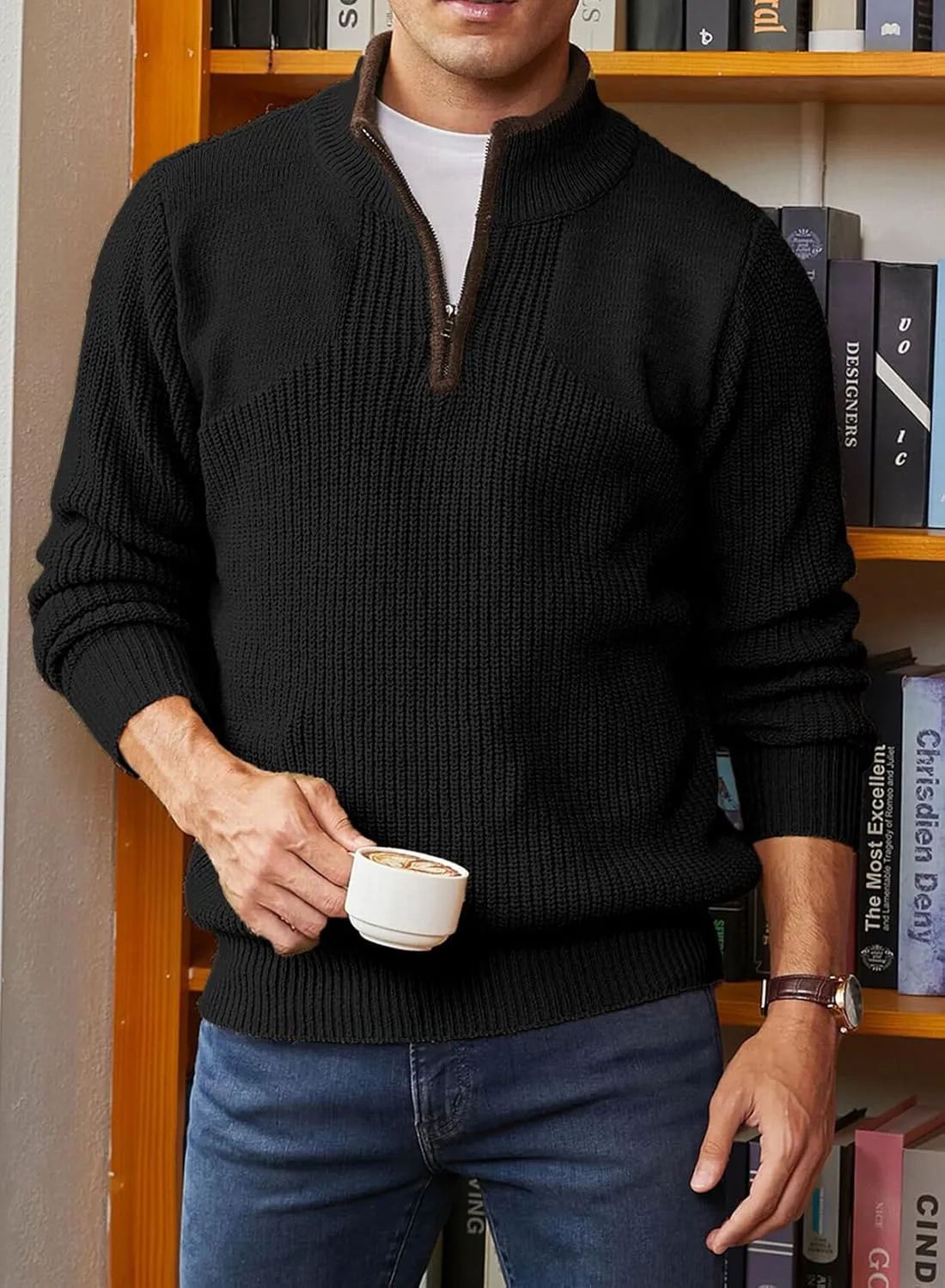 JMIERR Mens Quarter Zip Sweater Lightweight Mock Neck Casual Long Sleeve Knitted Solid Pullover Sweaters