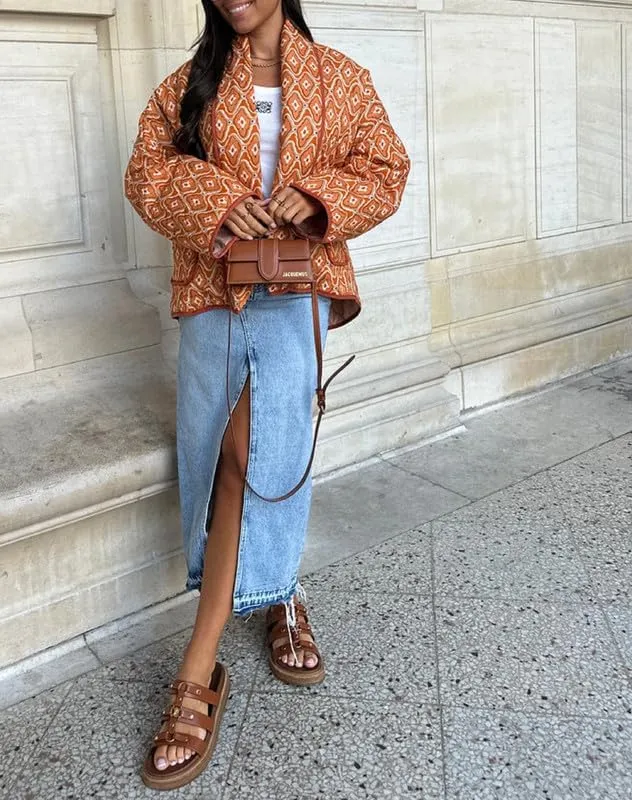 Juakoso Women Floral Print Cropped Quilted Jacket Cardigan Vintage Open Front Padded Puffler Coat Lightweight Casual Outwear