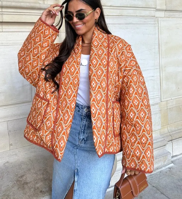 Juakoso Women Floral Print Cropped Quilted Jacket Cardigan Vintage Open Front Padded Puffler Coat Lightweight Casual Outwear