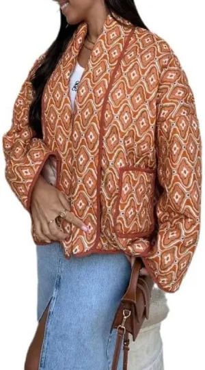 Juakoso Women Floral Print Cropped Quilted Jacket Cardigan Vintage Open Front Padded Puffler Coat Lightweight Casual Outwear