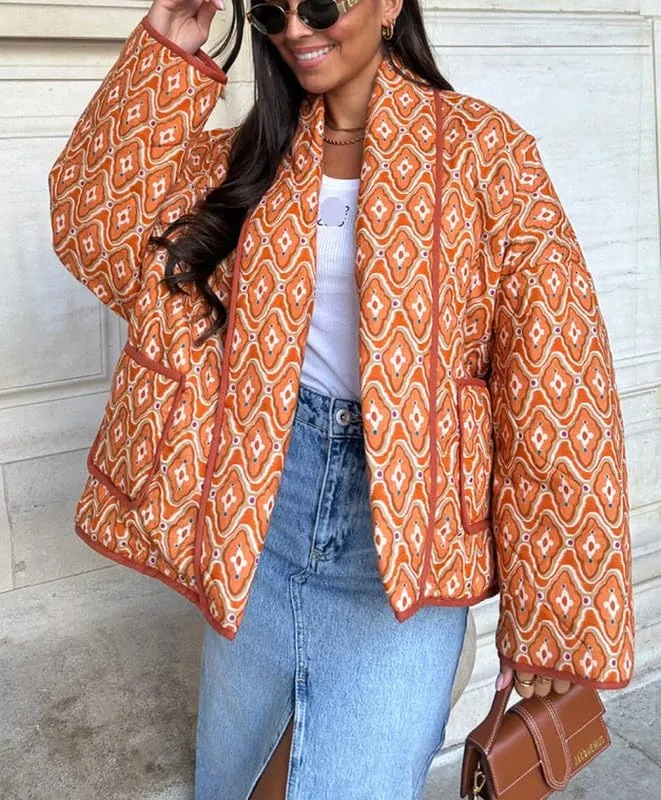 Juakoso Women Floral Print Cropped Quilted Jacket Cardigan Vintage Open Front Padded Puffler Coat Lightweight Casual Outwear