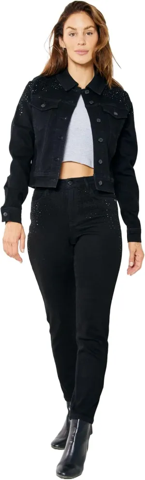 Judy Blue Black Denim Jacket with Rhinestone Embellishments - Boyfriend Silhouette, 4-Way Stretch (7872-2XL)