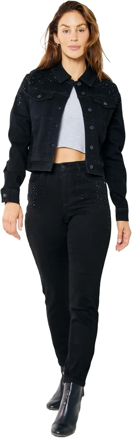 Judy Blue Black Denim Jacket with Rhinestone Embellishments - Boyfriend Silhouette, 4-Way Stretch (7872-2XL)