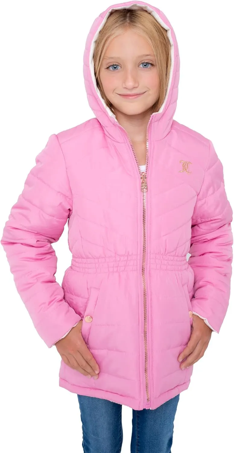 Juicy Couture Girls Reversable Coat, Faux Fur Hooded Winter Jacket, Warm Padded Parka Hoodie, Kids Heavyweight Winter Coat