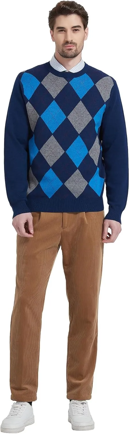 Kallspin Men's Wool Blend Crewneck Sweater Argyle Long Sleeve Pullover Sweater for Casual Or Dressy Wear