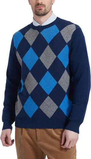 Kallspin Men's Wool Blend Crewneck Sweater Argyle Long Sleeve Pullover Sweater for Casual Or Dressy Wear