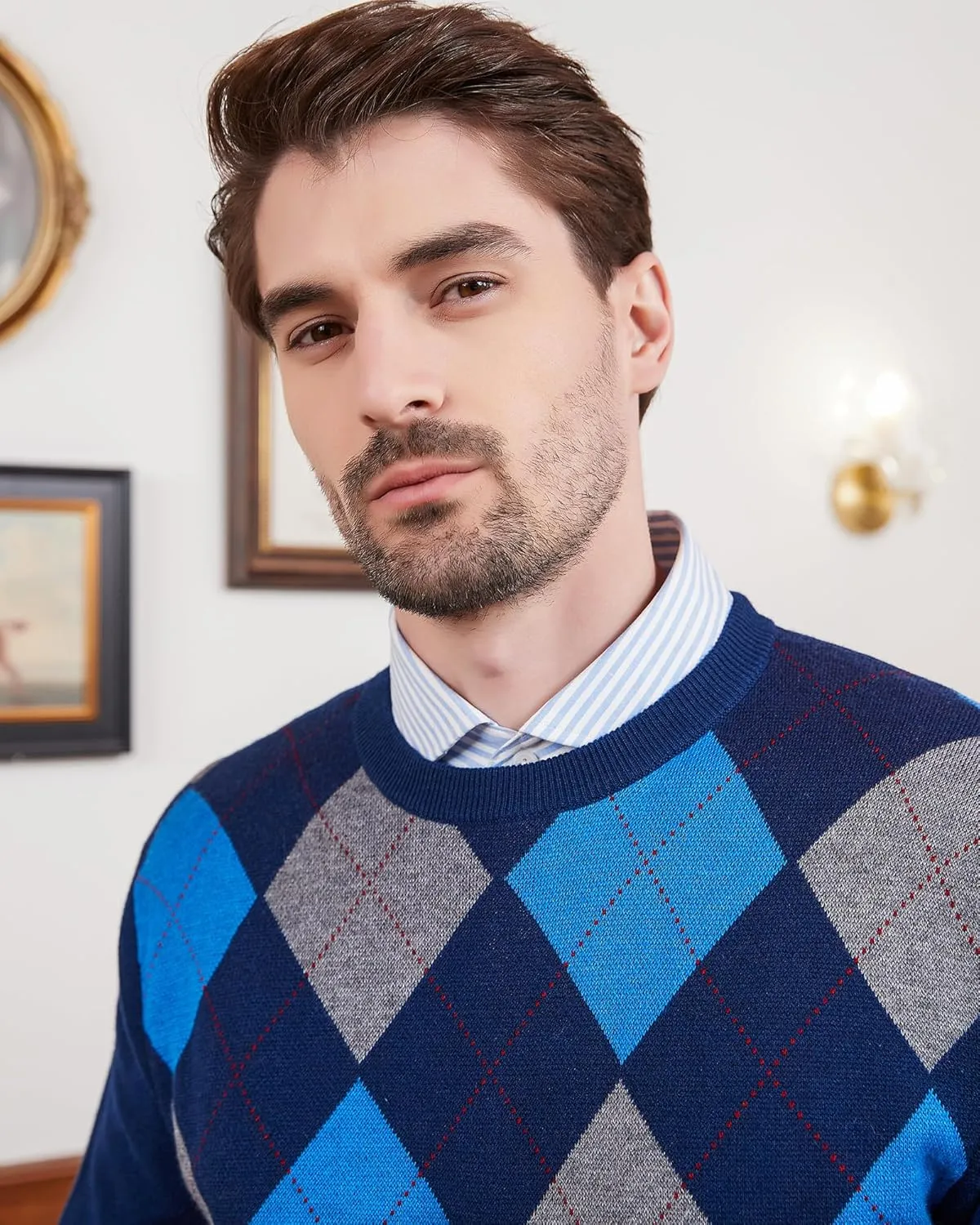 Kallspin Men's Wool Blend Crewneck Sweater Argyle Long Sleeve Pullover Sweater for Casual Or Dressy Wear