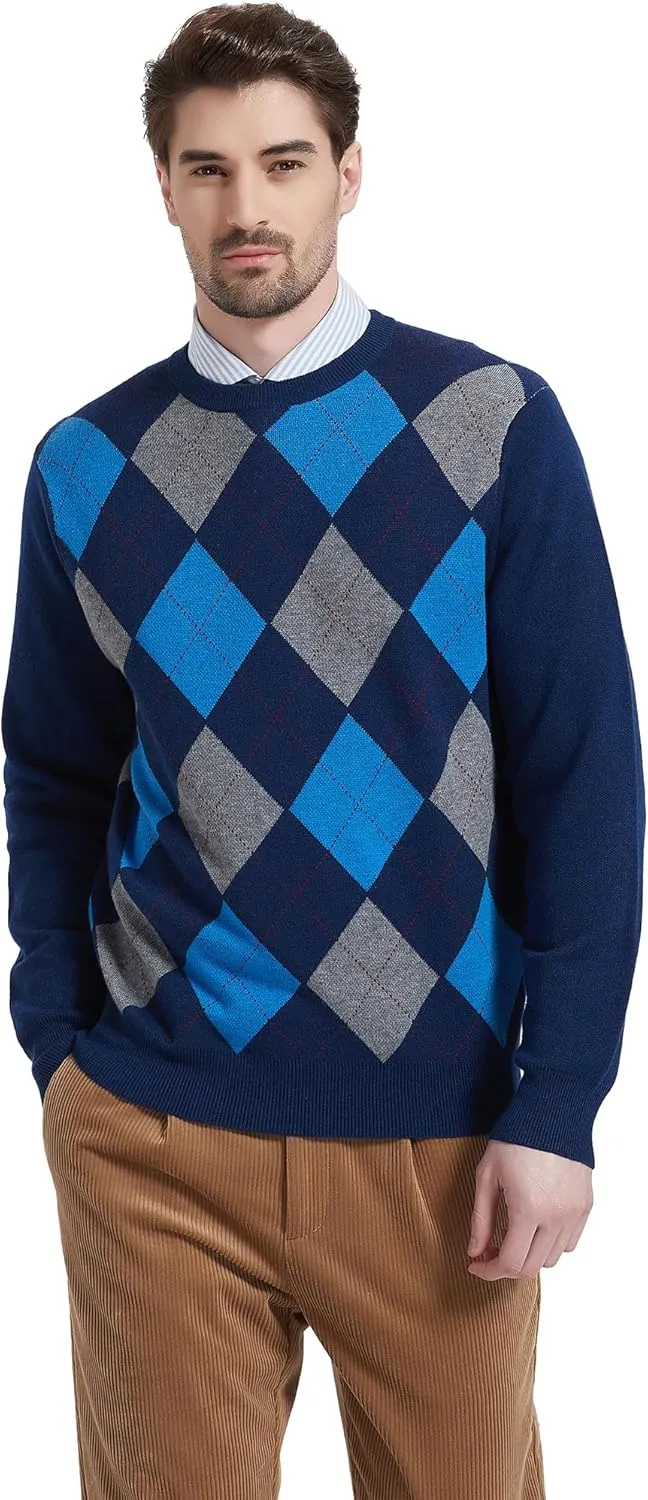 Kallspin Men's Wool Blend Crewneck Sweater Argyle Long Sleeve Pullover Sweater for Casual Or Dressy Wear