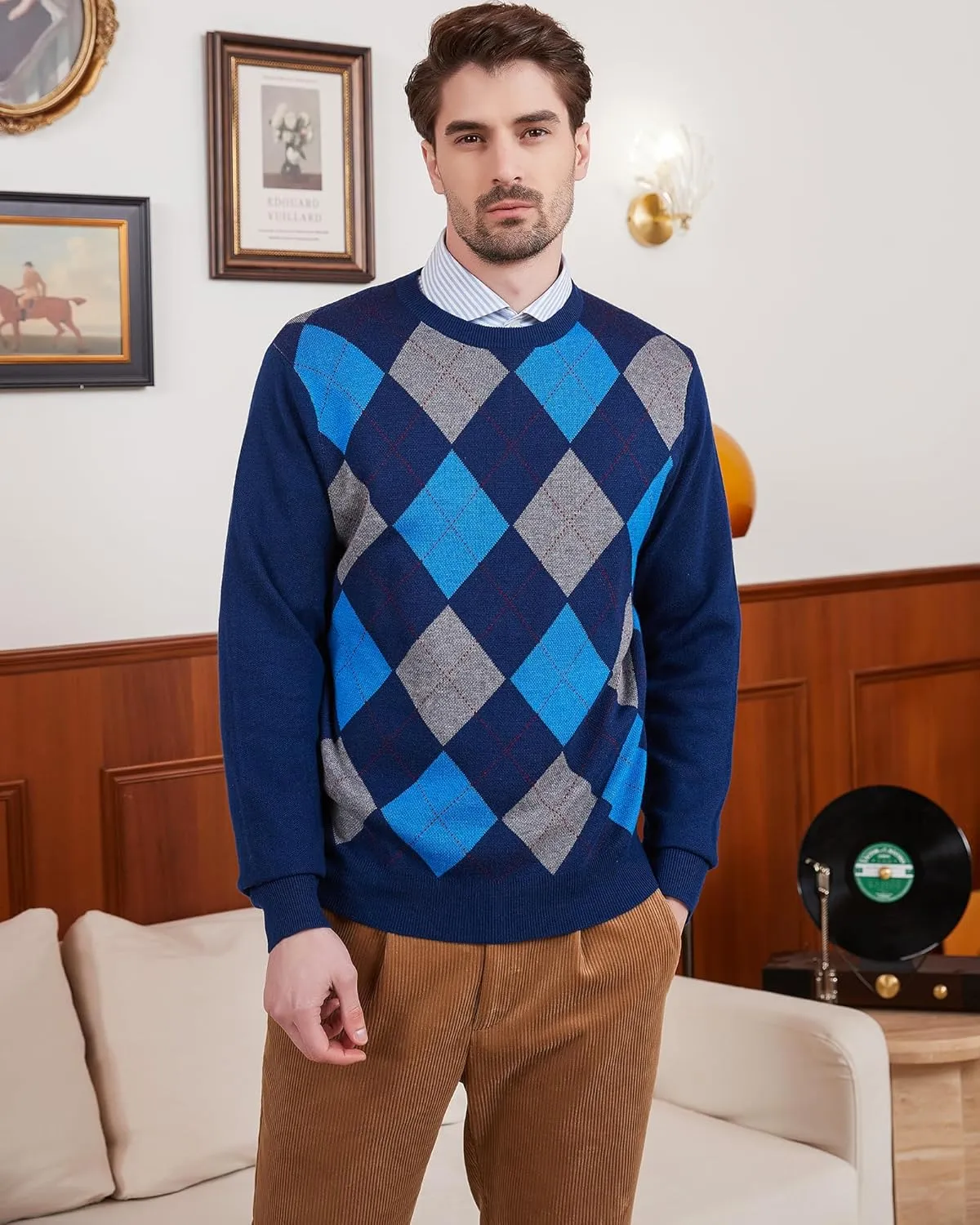 Kallspin Men's Wool Blend Crewneck Sweater Argyle Long Sleeve Pullover Sweater for Casual Or Dressy Wear