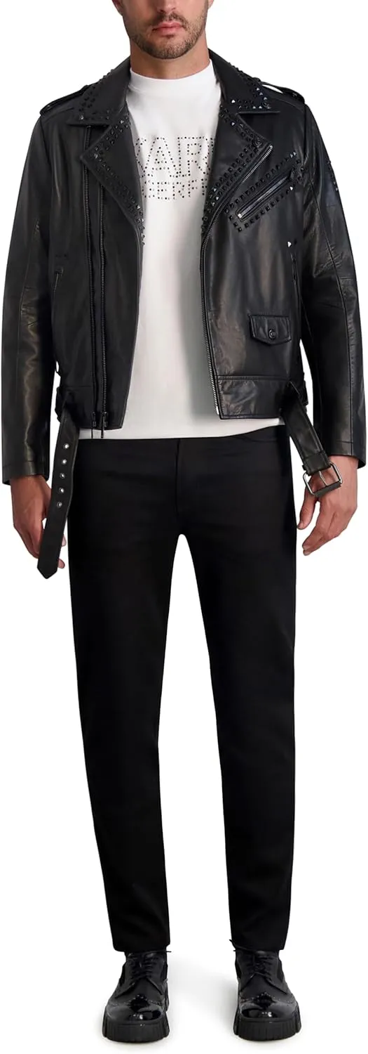 Karl Lagerfeld Paris Men's Exposed Zippers and Studs Biker Leather Jacket