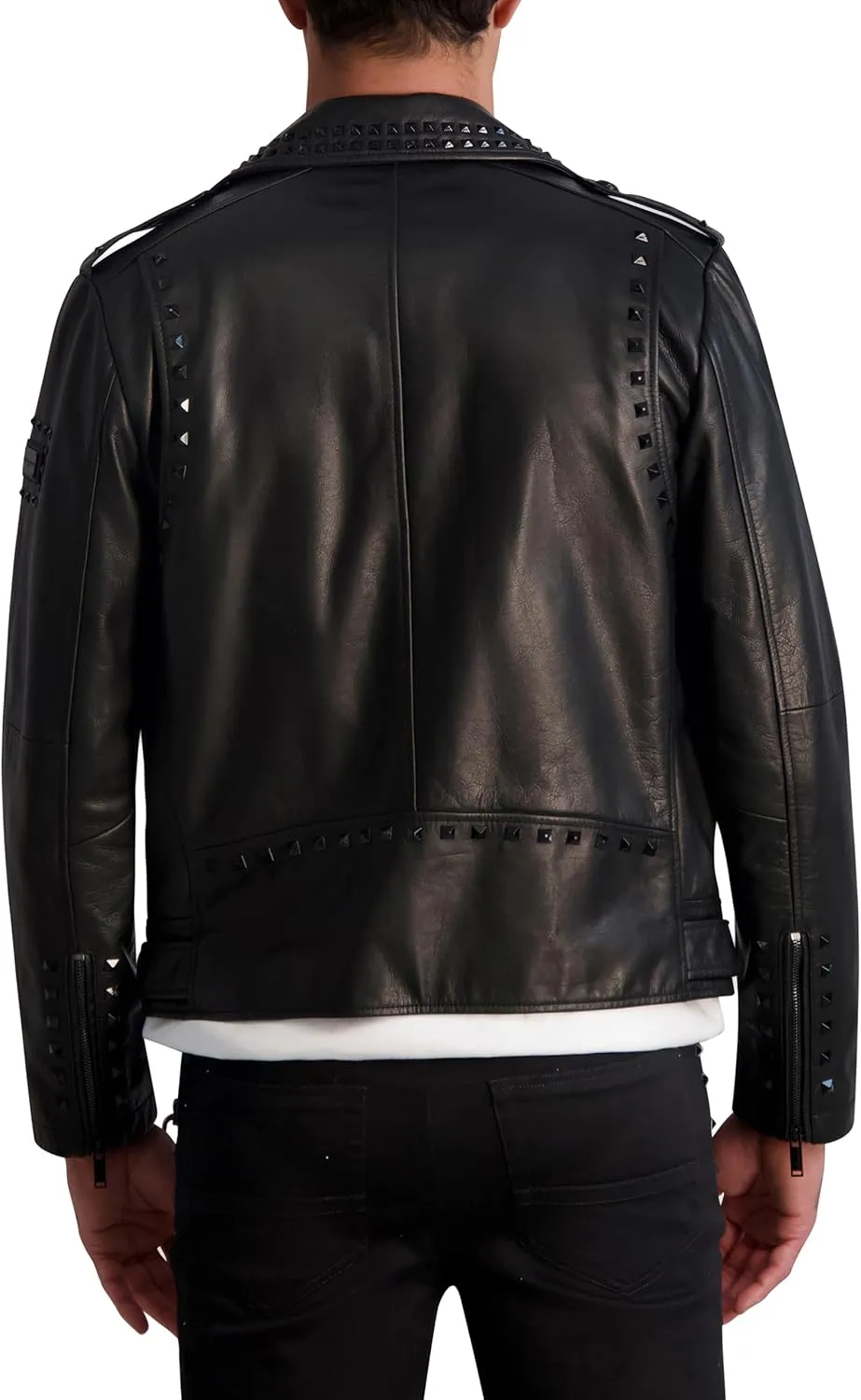 Karl Lagerfeld Paris Men's Exposed Zippers and Studs Biker Leather Jacket