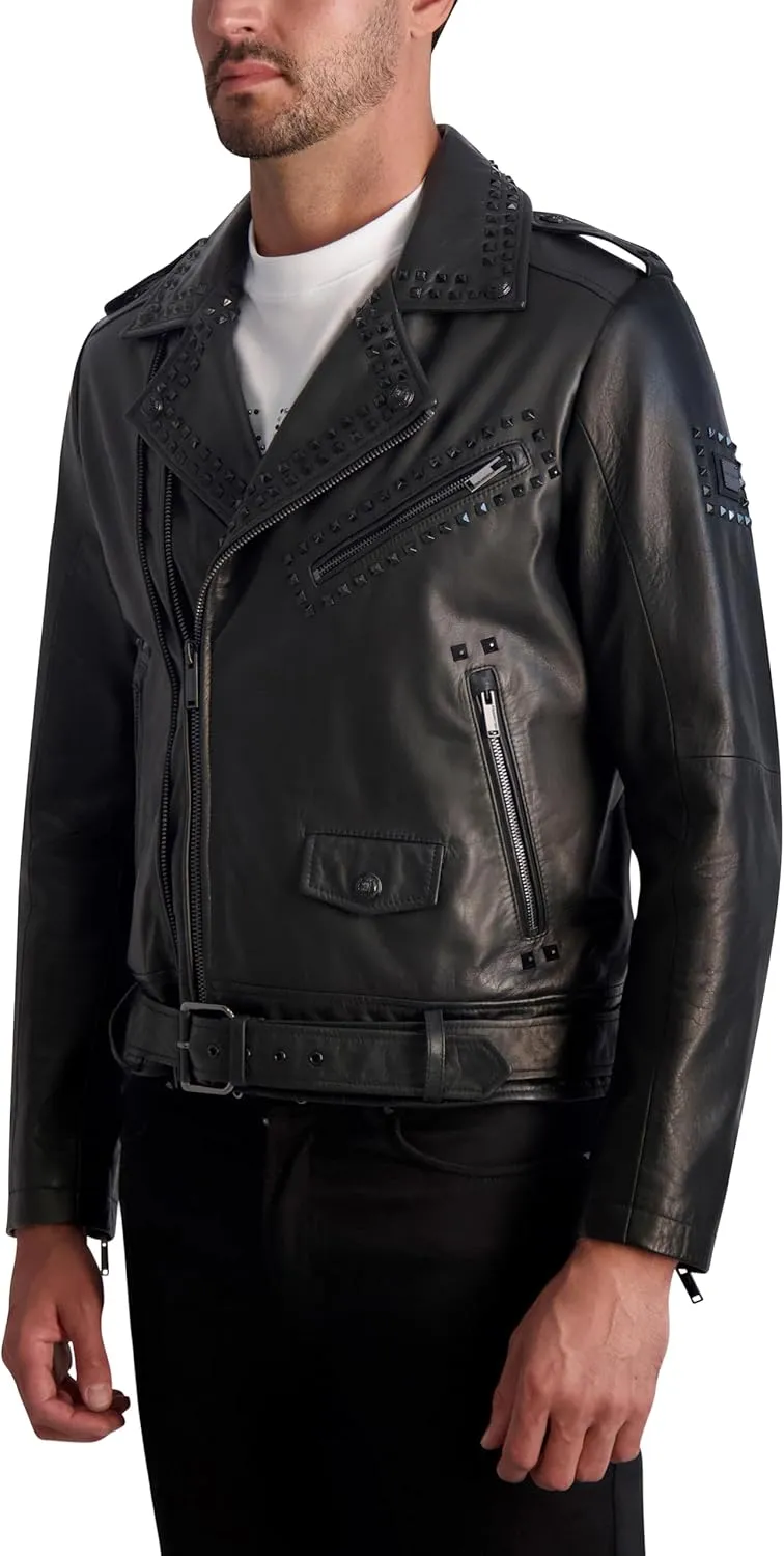 Karl Lagerfeld Paris Men's Exposed Zippers and Studs Biker Leather Jacket