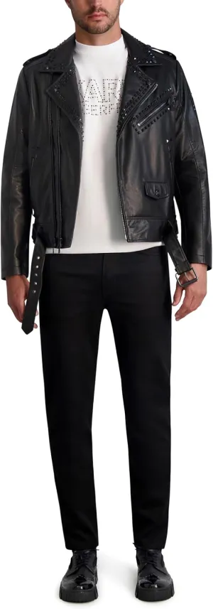Karl Lagerfeld Paris Men's Exposed Zippers and Studs Biker Leather Jacket