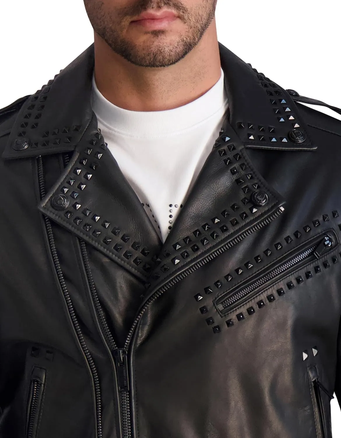 Karl Lagerfeld Paris Men's Exposed Zippers and Studs Biker Leather Jacket