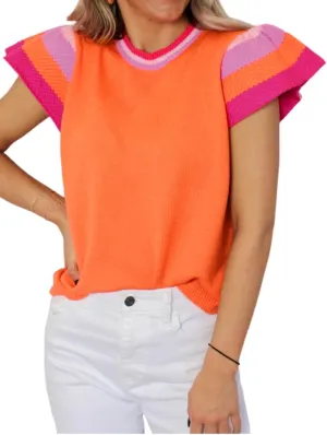 KevaMolly Womens Short Sleeve Sweaters Contrast Flutter Sleeves Knitted Sweater T Shirt Casual Pullover Tops