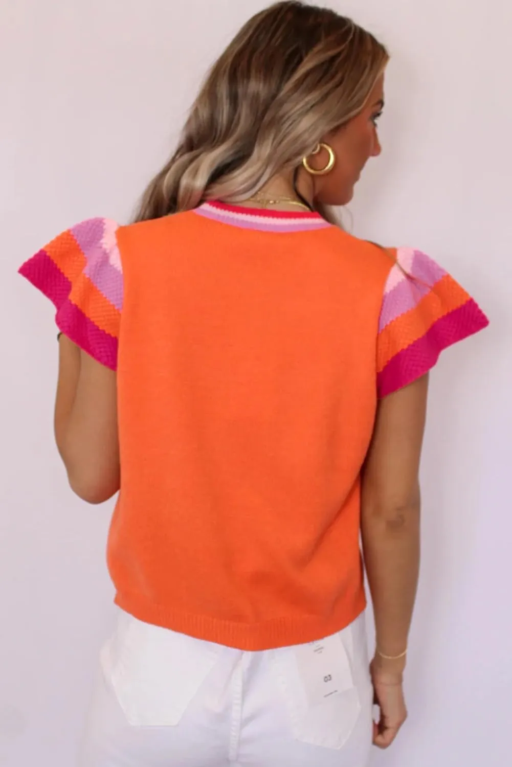 KevaMolly Womens Short Sleeve Sweaters Contrast Flutter Sleeves Knitted Sweater T Shirt Casual Pullover Tops