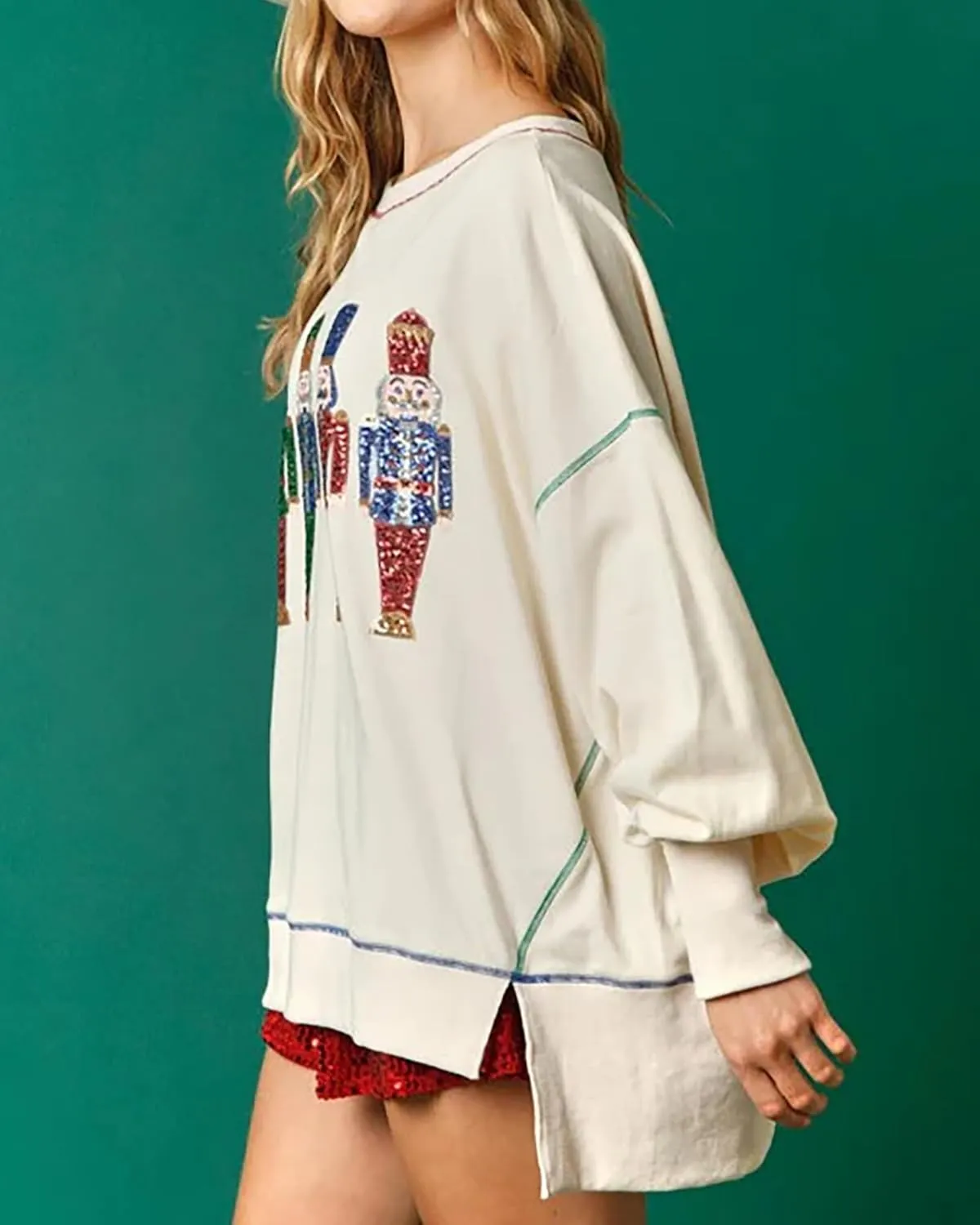 KMBANGI Women Christmas Nutcracker Sweatshirt Holiday Funny Graphic Pullover Top Oversized Crewneck Long Sleeve Shirts