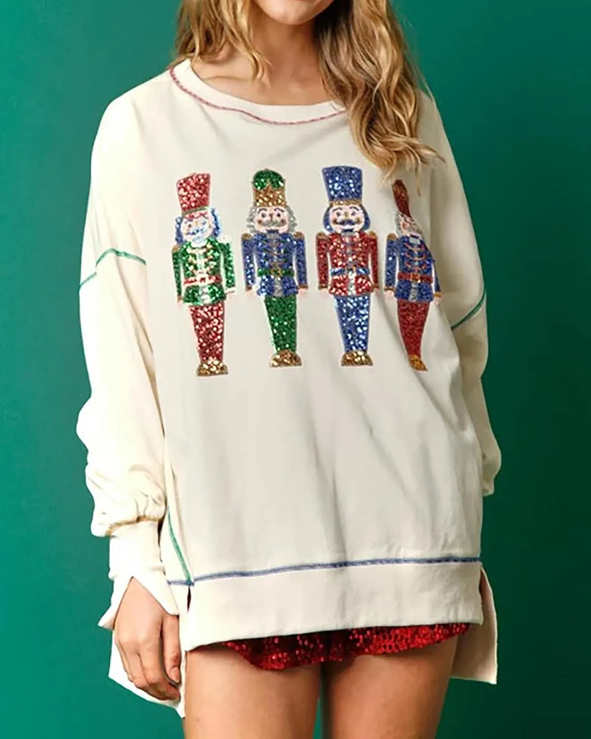 KMBANGI Women Christmas Nutcracker Sweatshirt Holiday Funny Graphic Pullover Top Oversized Crewneck Long Sleeve Shirts