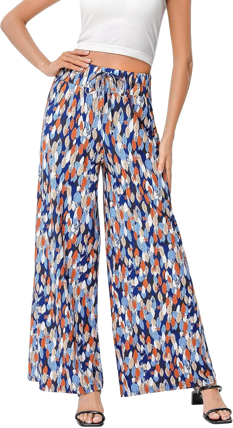 KOJOOIN Women's Wide Leg Pants Casual Palazzo Summer Flowy Pants Elastic High Waist Lounge Drawstring Long Trousers for Women