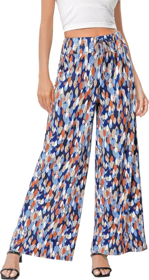 KOJOOIN Women's Wide Leg Pants Casual Palazzo Summer Flowy Pants Elastic High Waist Lounge Drawstring Long Trousers for Women