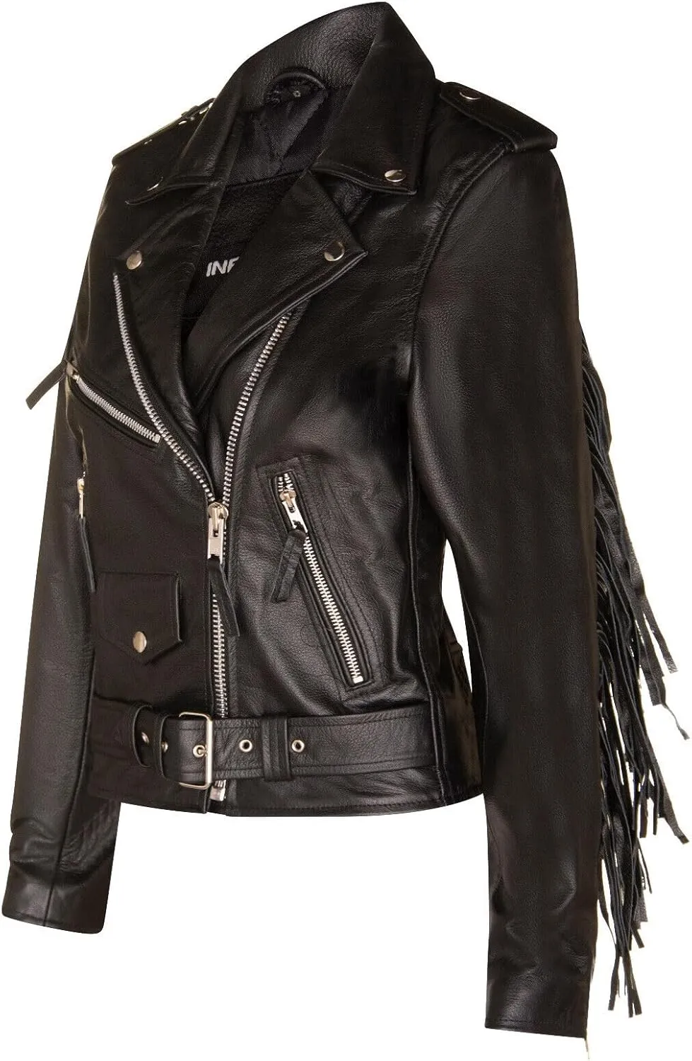 Ladies Black FRINGE Leather Brando TASSELED Motorcycle Retro Cow Hide Biker Jacket