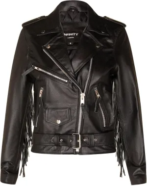 Ladies Black FRINGE Leather Brando TASSELED Motorcycle Retro Cow Hide Biker Jacket