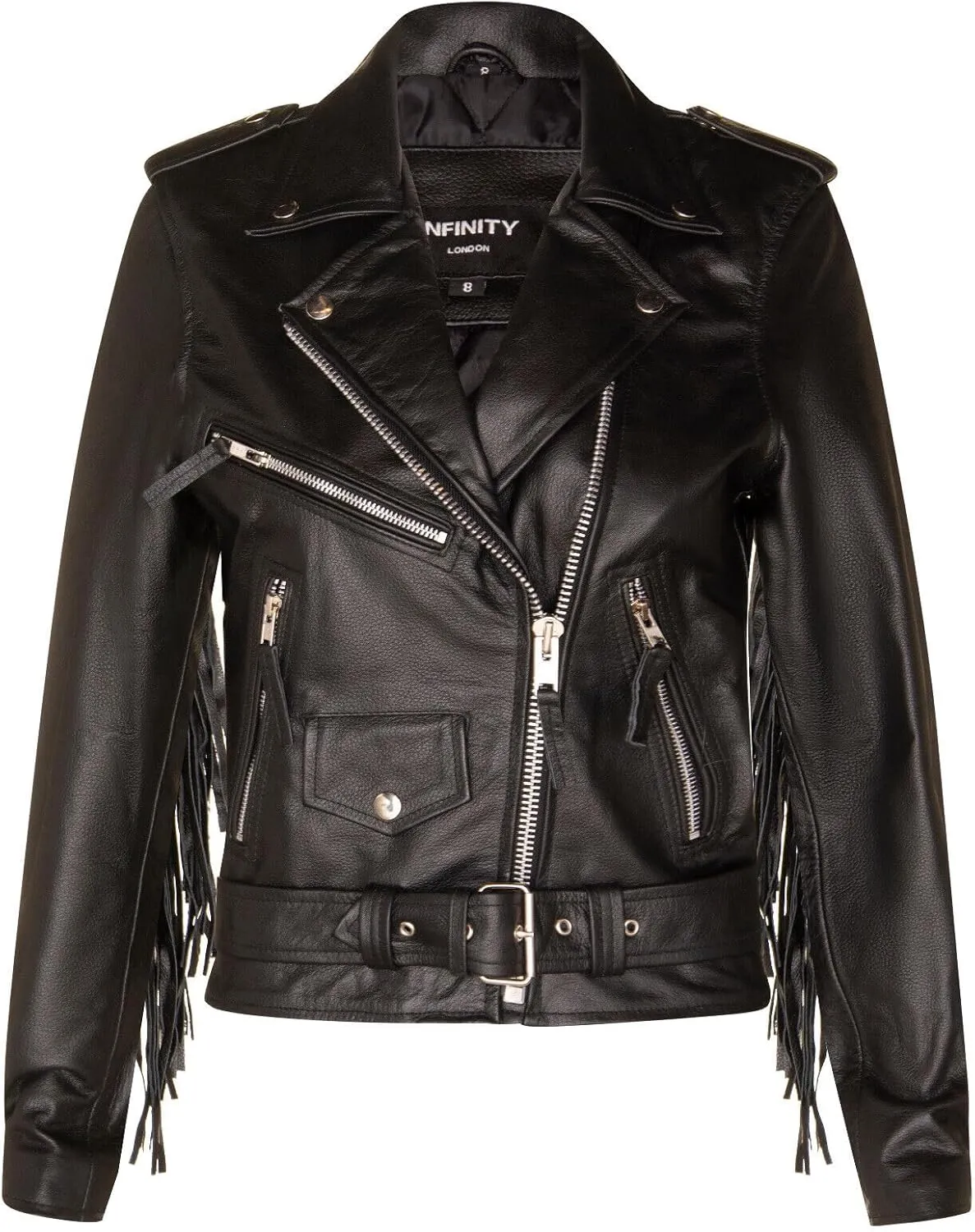 Ladies Black FRINGE Leather Brando TASSELED Motorcycle Retro Cow Hide Biker Jacket