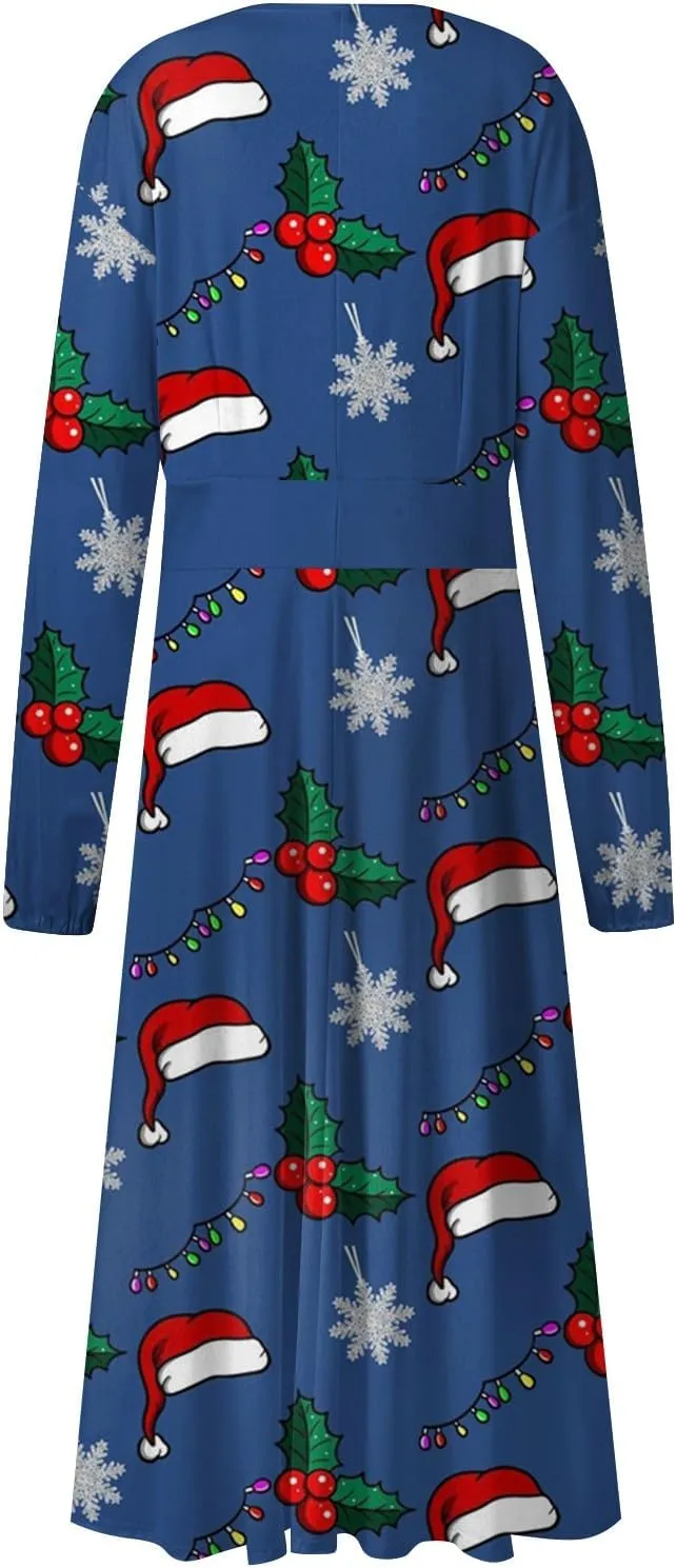 Ladies Long Sleeve Daily Dresses Dressy V-Neck Casual Midi Fashion Christmas Printed Winter Swing Dress