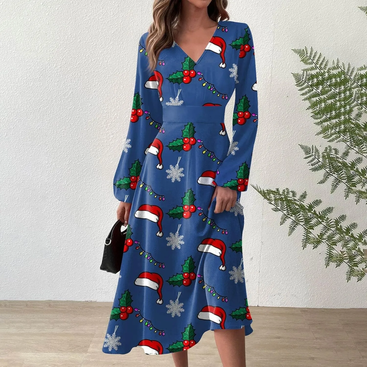 Ladies Long Sleeve Daily Dresses Dressy V-Neck Casual Midi Fashion Christmas Printed Winter Swing Dress
