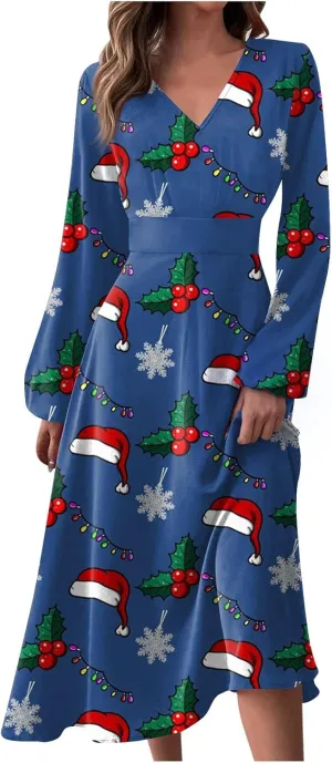 Ladies Long Sleeve Daily Dresses Dressy V-Neck Casual Midi Fashion Christmas Printed Winter Swing Dress