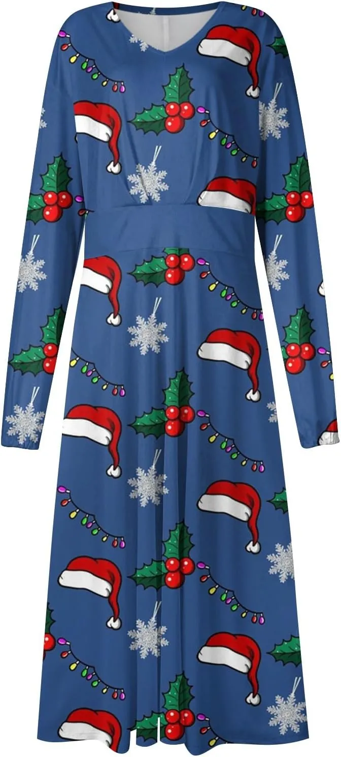Ladies Long Sleeve Daily Dresses Dressy V-Neck Casual Midi Fashion Christmas Printed Winter Swing Dress