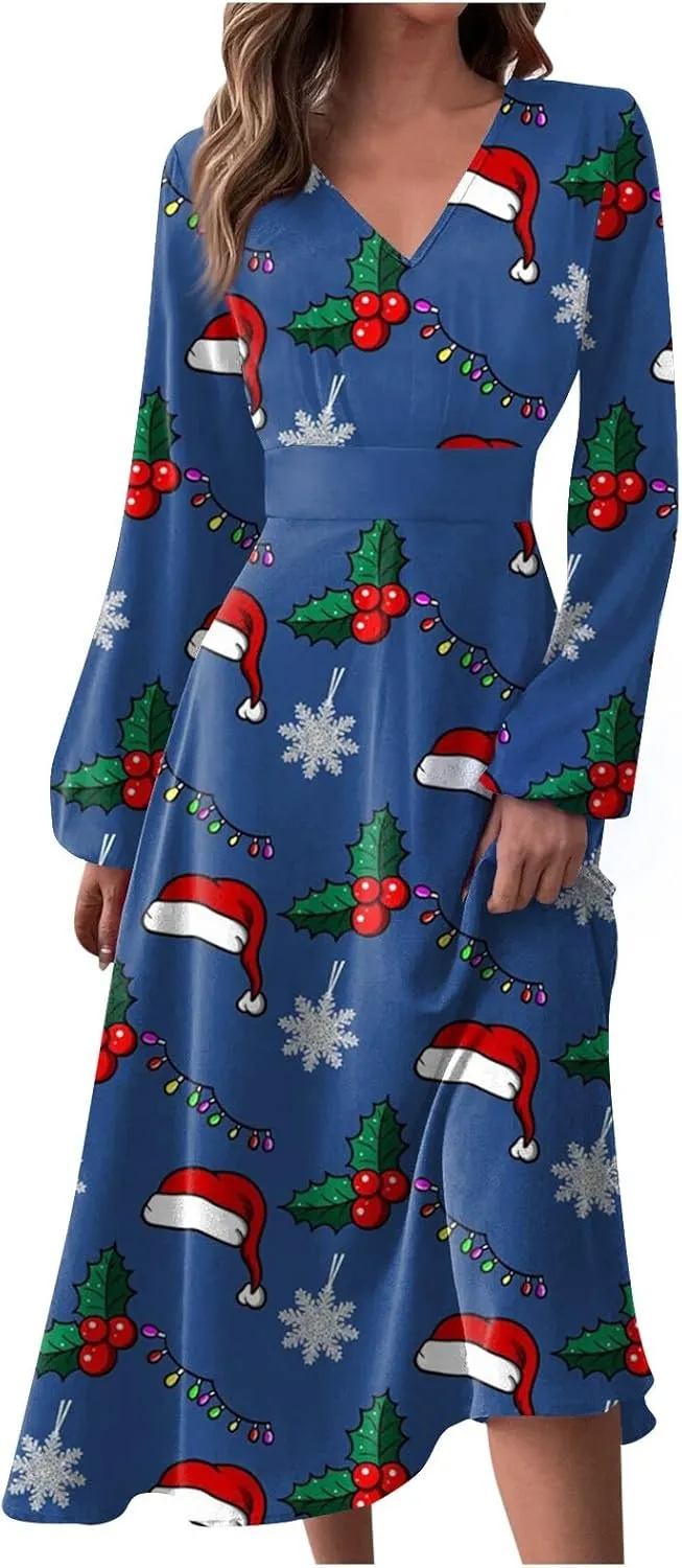 Ladies Long Sleeve Daily Dresses Dressy V-Neck Casual Midi Fashion Christmas Printed Winter Swing Dress