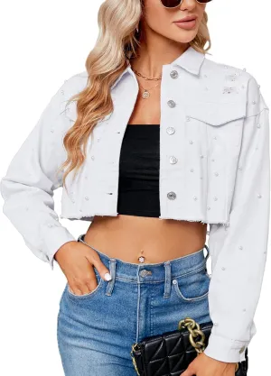 Ladyful Women's Lapel Denim Jacket 3/4 Sleeve Button Down Trucker Moto Jean Coat Outerwear
