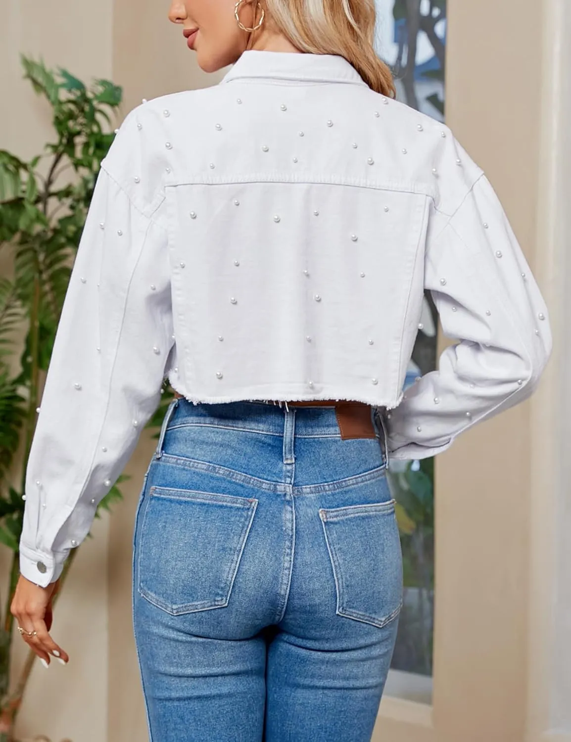 Ladyful Women's Lapel Denim Jacket 3/4 Sleeve Button Down Trucker Moto Jean Coat Outerwear