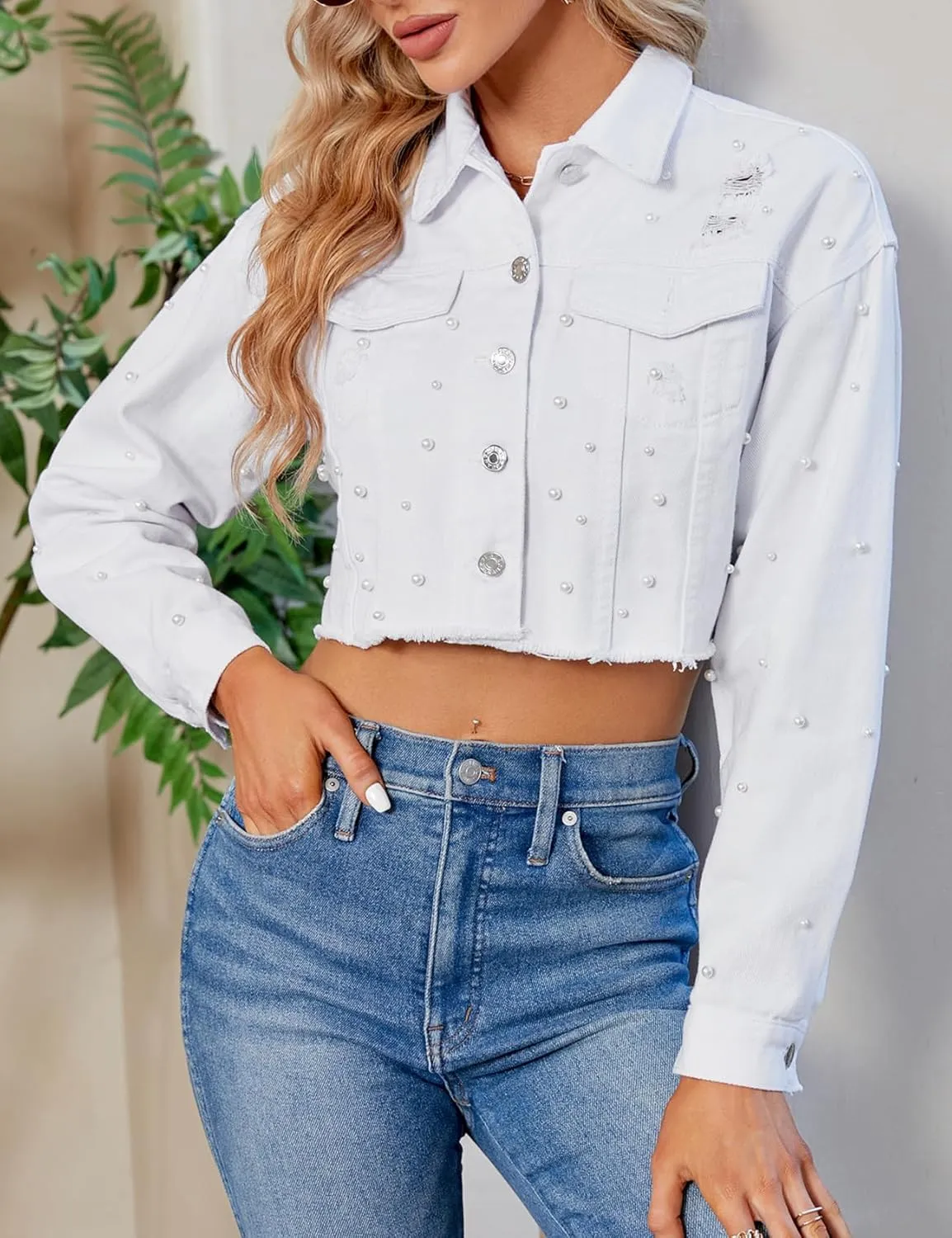 Ladyful Women's Lapel Denim Jacket 3/4 Sleeve Button Down Trucker Moto Jean Coat Outerwear