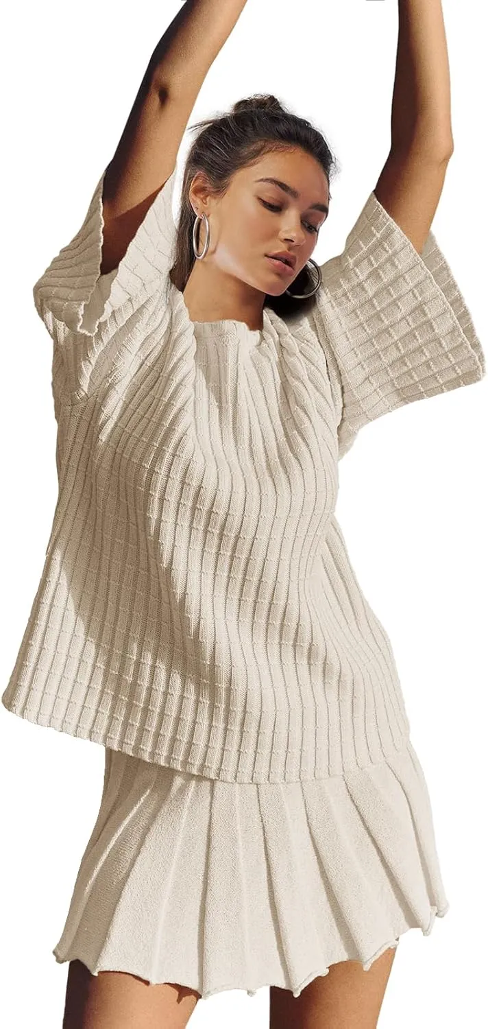 LAMISSCHE Womens Lounge Set Oversized 2 Piece Sweater Skirt Sets Long Sleeve Knit Top Pleated Skirts