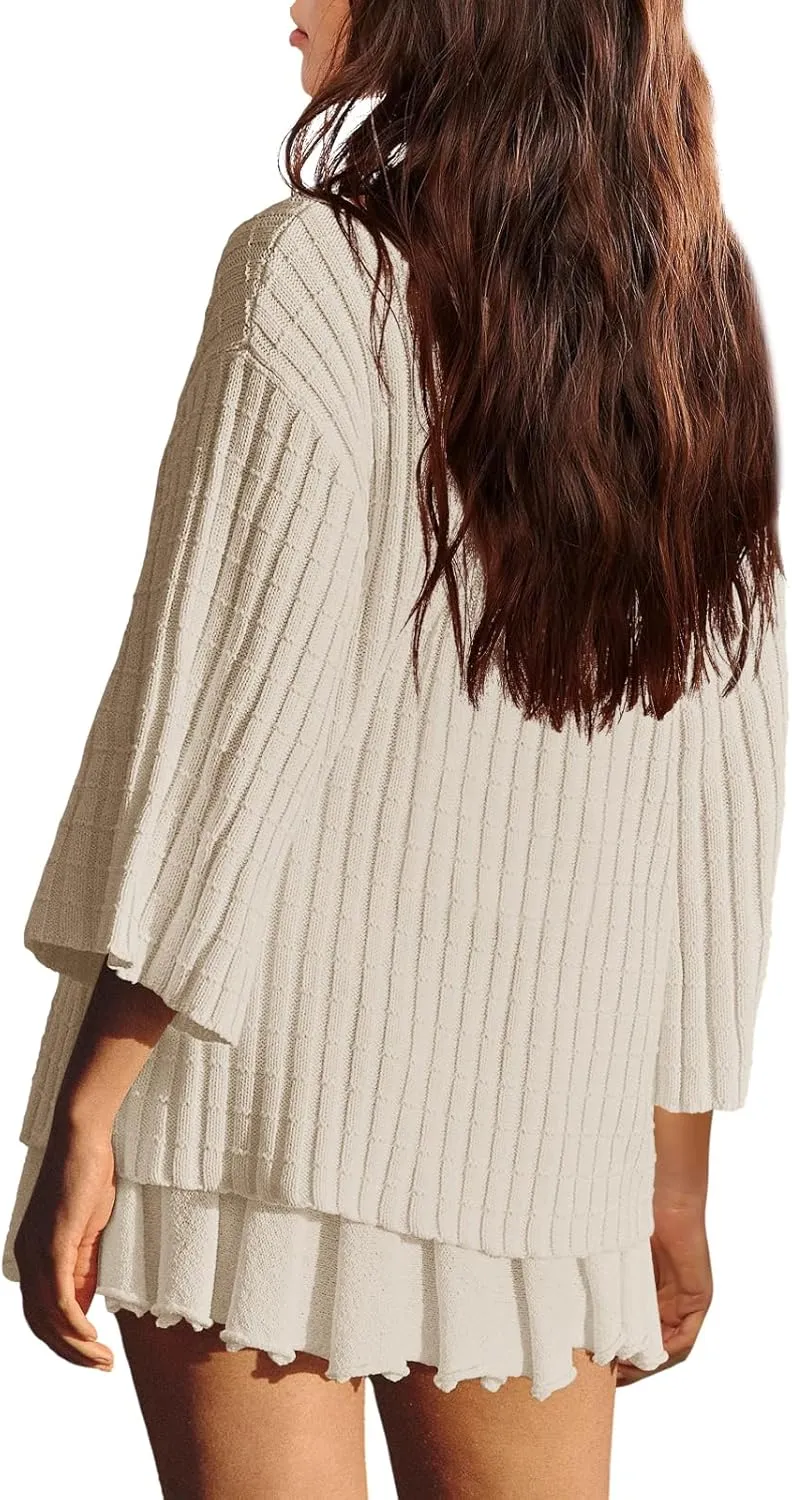 LAMISSCHE Womens Lounge Set Oversized 2 Piece Sweater Skirt Sets Long Sleeve Knit Top Pleated Skirts