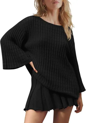 LAMISSCHE Womens Lounge Set Oversized 2 Piece Sweater Skirt Sets Long Sleeve Knit Top Pleated Skirts