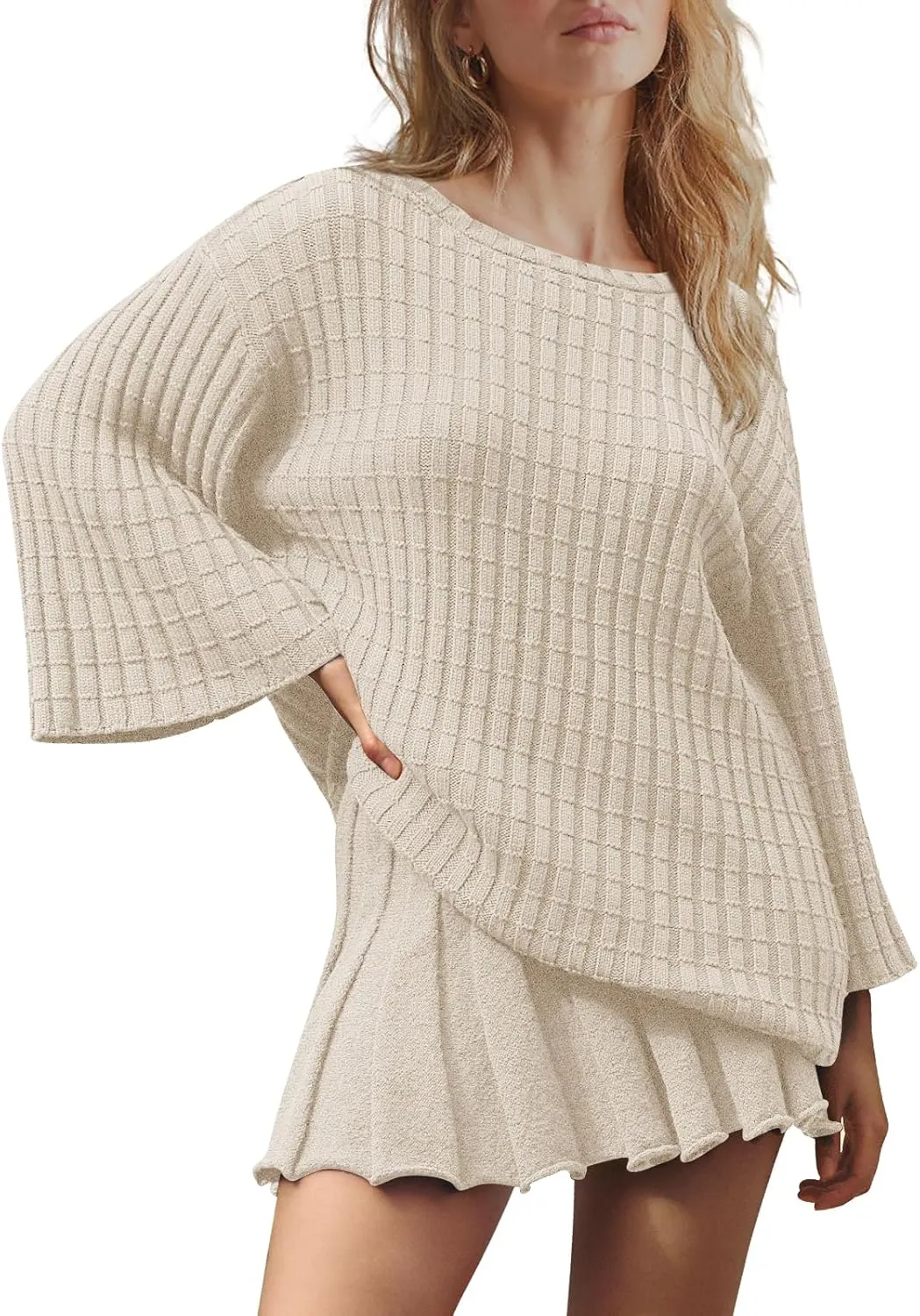 LAMISSCHE Womens Lounge Set Oversized 2 Piece Sweater Skirt Sets Long Sleeve Knit Top Pleated Skirts