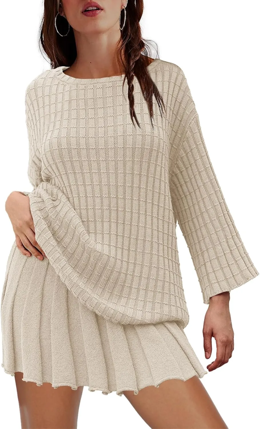 LAMISSCHE Womens Lounge Set Oversized 2 Piece Sweater Skirt Sets Long Sleeve Knit Top Pleated Skirts