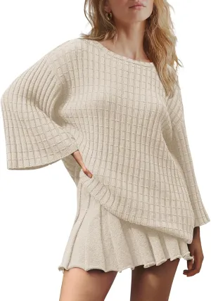 LAMISSCHE Womens Lounge Set Oversized 2 Piece Sweater Skirt Sets Long Sleeve Knit Top Pleated Skirts