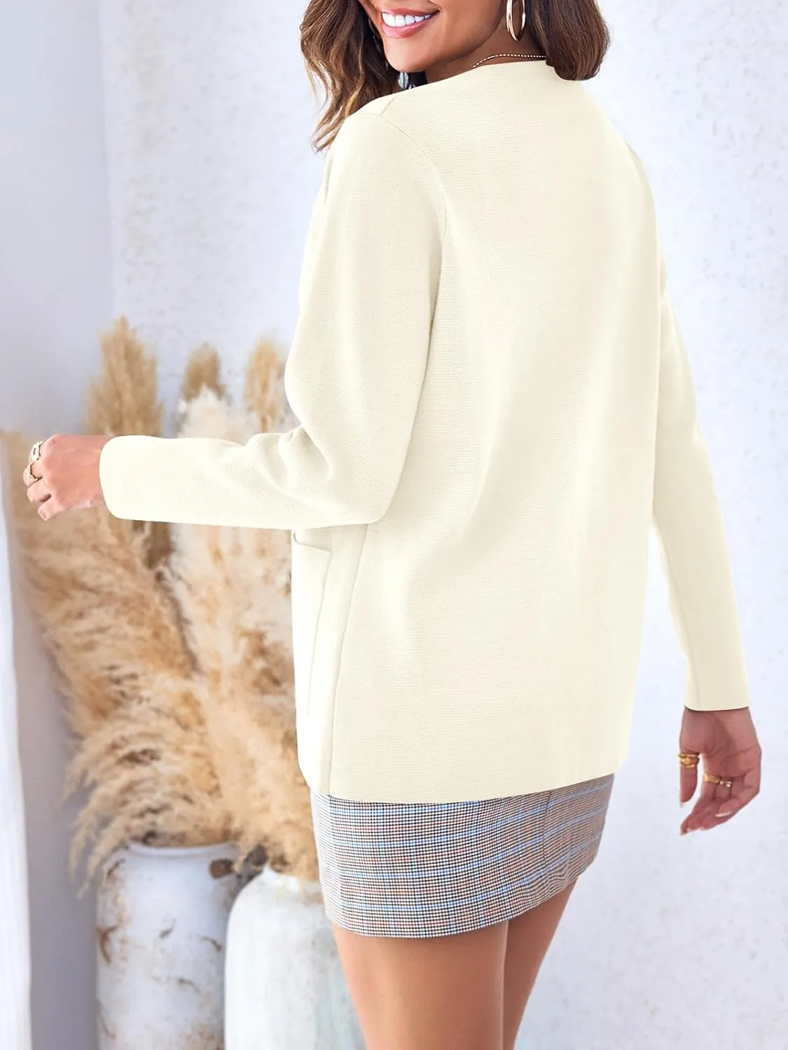 Langwyqu Womens Crew Neck Button Down Cardigan Sweaters Blazer Casual Long Sleeve Knit Solid Sweater with Pockets