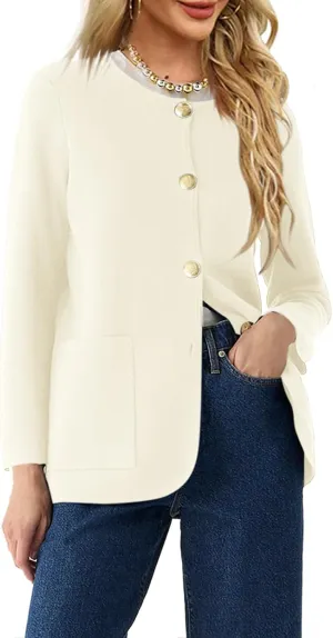 Langwyqu Womens Crew Neck Button Down Cardigan Sweaters Blazer Casual Long Sleeve Knit Solid Sweater with Pockets