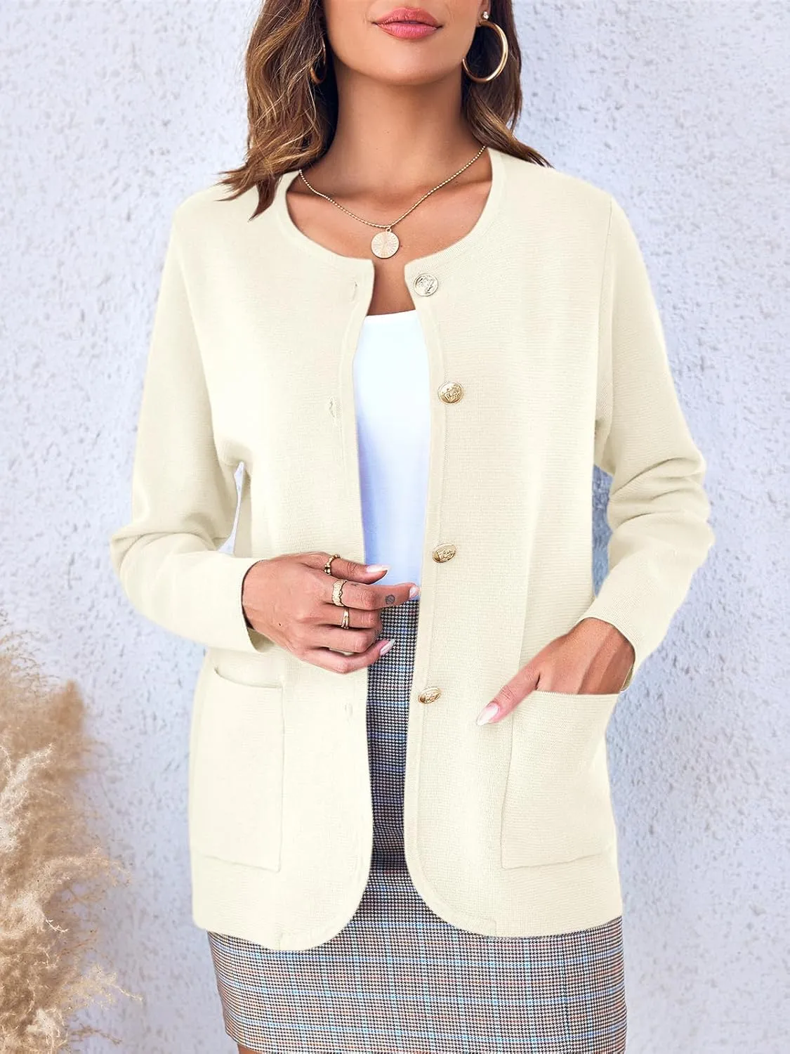 Langwyqu Womens Crew Neck Button Down Cardigan Sweaters Blazer Casual Long Sleeve Knit Solid Sweater with Pockets