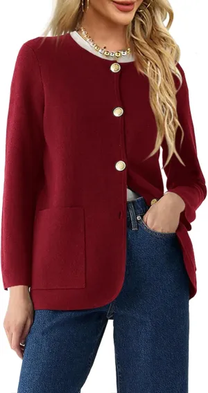 Langwyqu Womens Crew Neck Button Down Cardigan Sweaters Blazer Casual Long Sleeve Knit Solid Sweater with Pockets