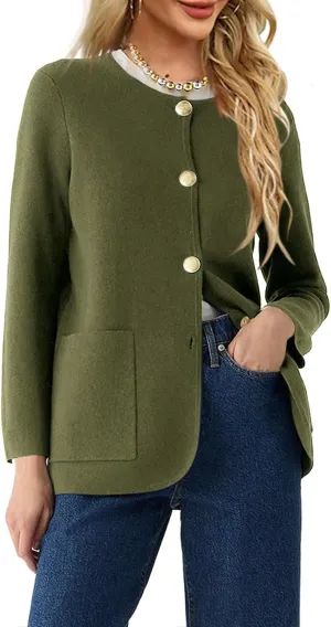 Langwyqu Womens Crew Neck Button Down Cardigan Sweaters Blazer Casual Long Sleeve Knit Solid Sweater with Pockets