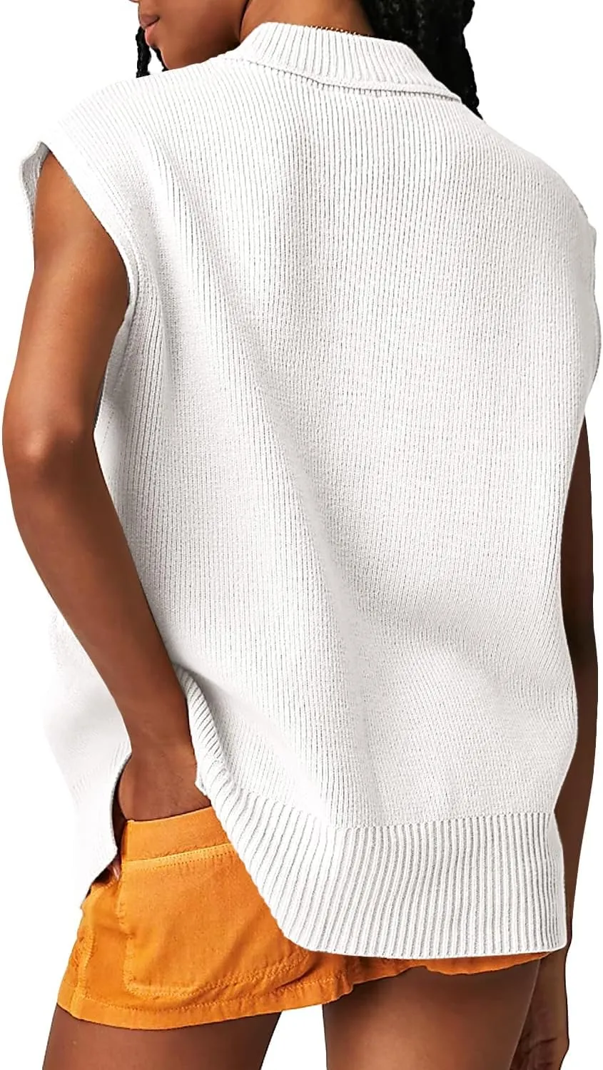 Langwyqu Womens Sweater Vest Cap Sleeve Mock Neck Vest Tops Casual Loose Fit Trendy Knit Sweater Pullover Tank Tops