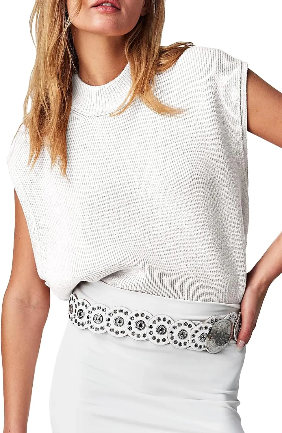 Langwyqu Womens Sweater Vest Cap Sleeve Mock Neck Vest Tops Casual Loose Fit Trendy Knit Sweater Pullover Tank Tops