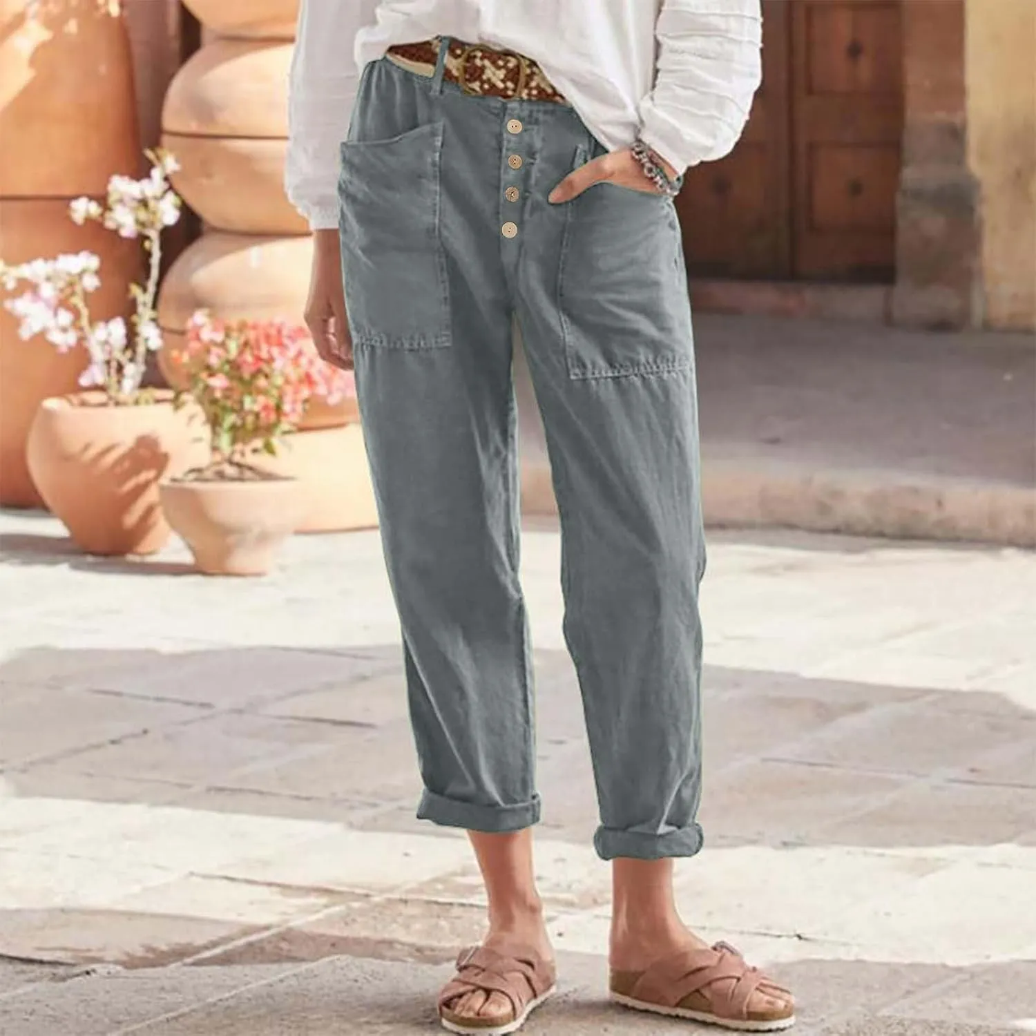 Lastesso Summer Pants for Women Comfy Cotton Linen Capris Casual Button Down High Waist Lounge Trousers with Pockets