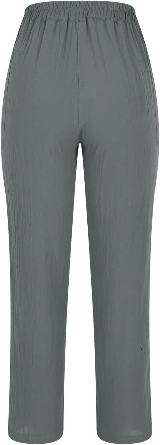 Lastesso Summer Pants for Women Comfy Cotton Linen Capris Casual Button Down High Waist Lounge Trousers with Pockets